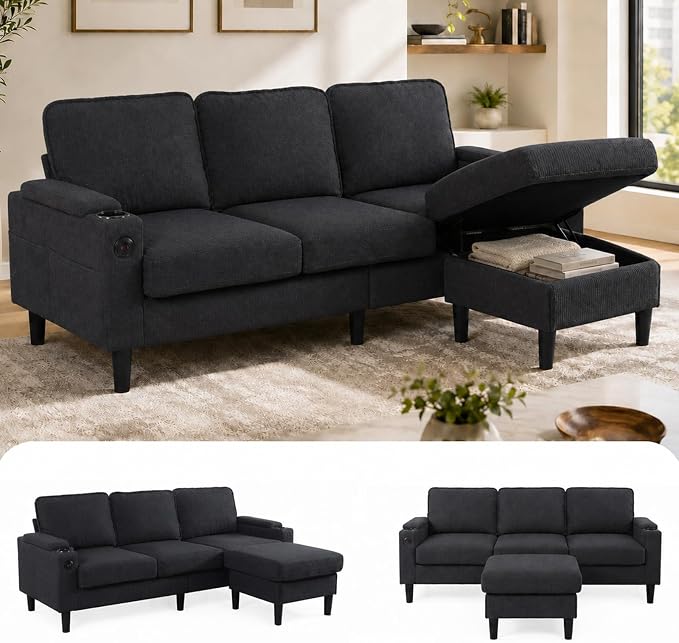 67'' L-Shaped Velvet Modular Sectional Couch Sofa with Ottoman, 3-Seat Convertible Cloud Deep Seat Sofa Couches for Living Room Bedroom Apartment, Cozy Chaise Lounge Sofas (Dark Grey)