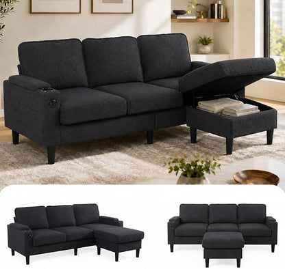 67'' L-Shaped Velvet Modular Sectional Couch Sofa with Ottoman, 3-Seat Convertible Cloud Deep Seat Sofa Couches for Living Room Bedroom Apartment, Cozy Chaise Lounge Sofas (Dark Grey)