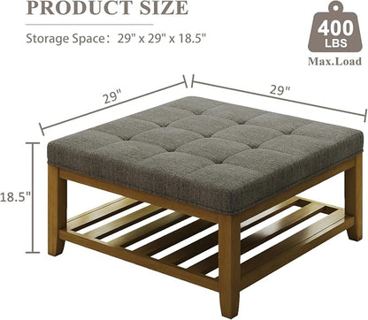 Befurtori Large Square Ottoman Coffee Table, Linen Solid Upholstered Footrest Ottoman with Solid Wood Shelf Storage Tufted Coffee Table for Bedroom Living Room, Granite