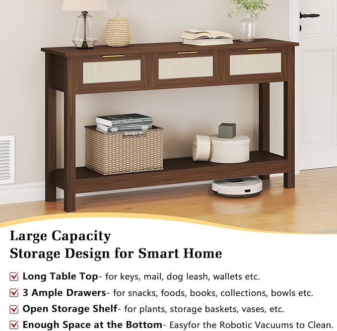 Luoxiao Console Table for Entryway with 3 Rattan Drawers Storage Open Shelf | Narrow Entry Table for Hallway, Foyer, Couch, Front Entrance, Anti-Tip, Easy to Assemble, 47 Inch, Walnut, Mid-Century Modern
