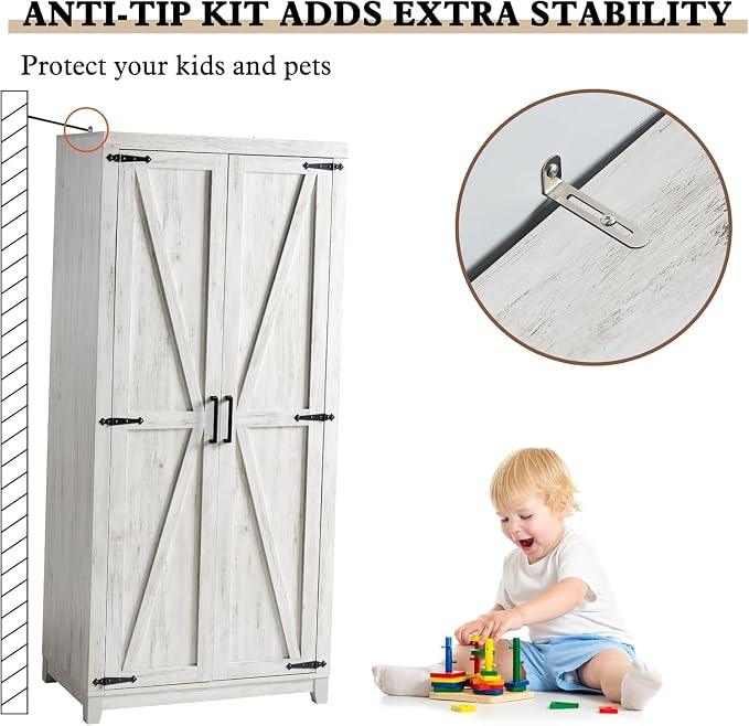 LUXOAK 70" Large Armoire Wardrobe Closet Set of 2 with Hanging Rod, Farmhouse Clothing Storage Cabinet with 2 Barn Doors, Wooden Tall Bedroom Armoires with Shelf, Distressed White