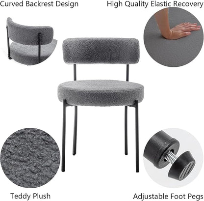 Cinxzar Grey Boucle Dining Chairs Set of 2, Upholstered Dining Room Chairs with Black Metal Legs, Round Modern Dining Chair for Dining Room, Kitchen