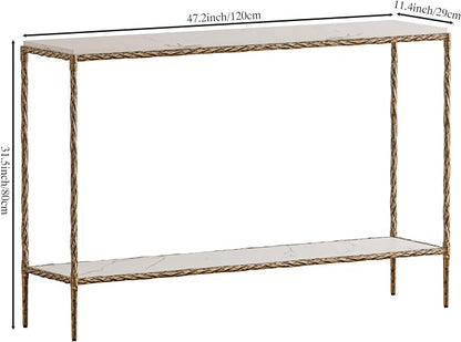 Antique Console Table with Faux Marble Wood Top, 47" Narrow Entryway Table with 2-Tier Open Storage Shelves, Modern Slim Sofa Table with Antique Brass Finish for Hallway, Living Room