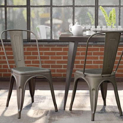 Devoko Metal Indoor-Outdoor Chairs Distressed Style Kitchen Dining Chairs Stackable Side Chair with Back Set of 4 (Gun)