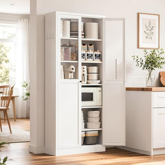 Metal Pantry Cabinet, 72" Kitchen Pantry Cabinet with 2 Doors and 5 Adjustable Shelves, White Steel Storage Cupboard for Dining, Office, Living Room, Bathroom