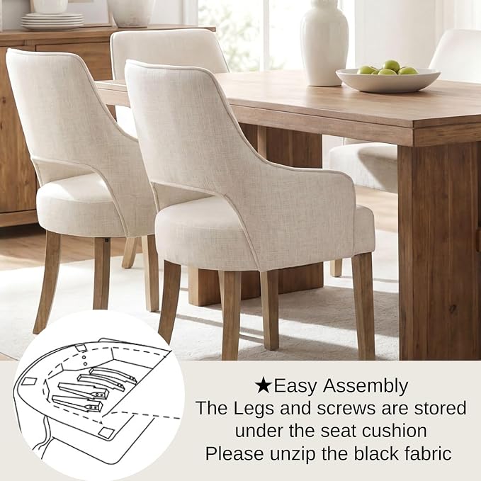 Linen Upholstered Dining Chairs Set of 2 with Arms | Cream Linen Fabric, Breathable Upholstery, Curved Backrest, Cushioned Seat, Solid Wood Legs, Farmhouse Style For Dining Room