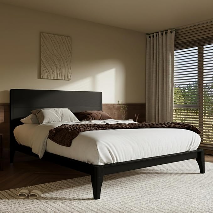 Merax King Size Bamboo Platform Bed, Mid-Century Modern Bed Frame with Tall Headboard, Solid Sustainable Bedframe King-Size, Wood Slat Support, No Box Spring Needed, Easy Assembly, Noise Free, Black