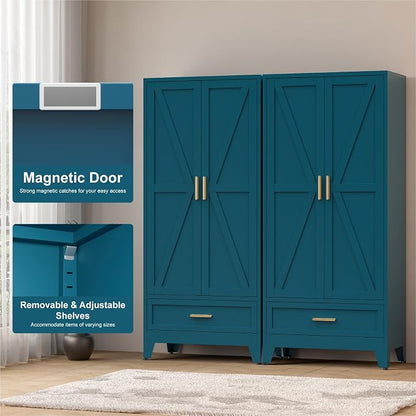COFaR 71 Farmhouse Metal Wardrobe Closet with Hanging Rod, 2 Barn Doors, Adjustable Shelves, Steel Armoire with Drawer for Home, Bedroom Green
