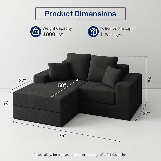 Cloud Modular Sectional Sofa, Comfy Boneless Couch for Living Room, Modern L-Shaped Couch with Reversible Chaise, Customizable Sleeper Sofa with Non Slip, No Assembly & Deep Seat, Black