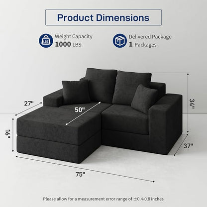 Cloud Modular Sectional Sofa, Comfy Boneless Couch for Living Room, Modern L-Shaped Couch with Reversible Chaise, Customizable Sleeper Sofa with Non Slip, No Assembly & Deep Seat, Black