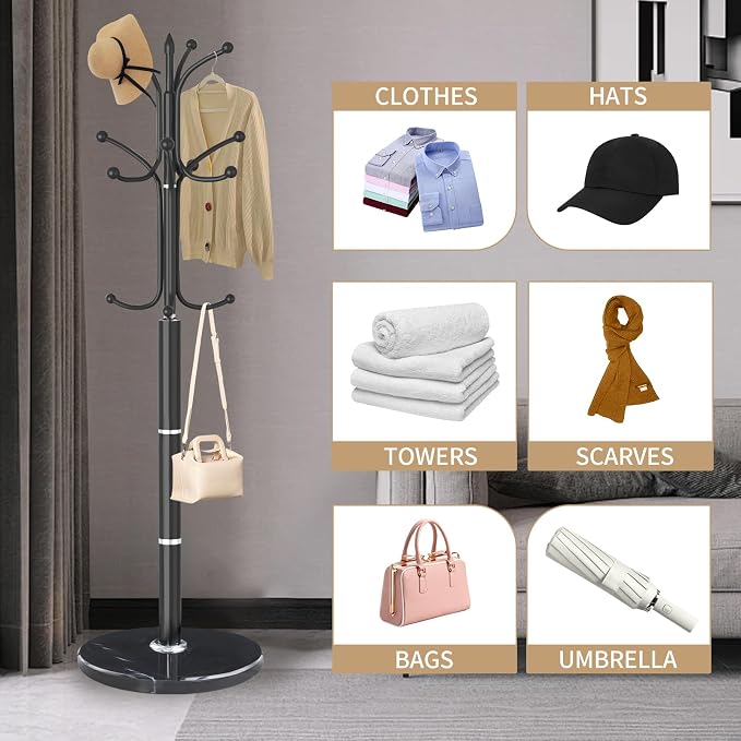 Metal Coat Rack Stand, Modern Freestanding Coat Rack with Natural Marble Base, Black Coat Racks and Coat Hall Tree Hanger Stand with 12 Hooks for Entryway, Hallway, Office