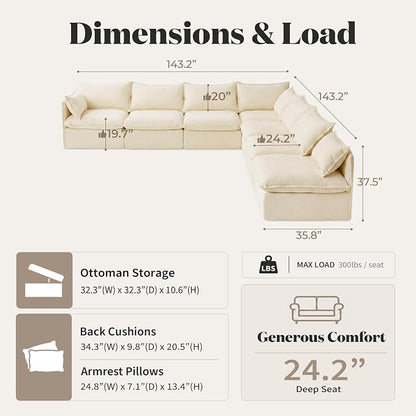 Cloud Modular Corner Sectional, Oversized Deep Seat Comfort, Luxe Chenille | Fully Removable Washable Covers, Memory Foam Seat Cushions, Premium Fabric