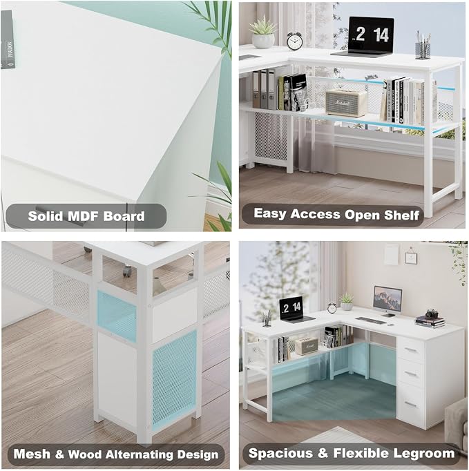 LVB Reversible L Shaped Desk with Drawers, White Computer Desk with Storage | 59" Adjustable Modern Executive Office Desks, Adjustable Corner Design for Gaming Spaces and Home Workstations