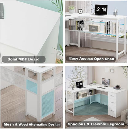 LVB Reversible L Shaped Desk with Drawers, White Computer Desk with Storage | 59" Adjustable Modern Executive Office Desks, Adjustable Corner Design for Gaming Spaces and Home Workstations