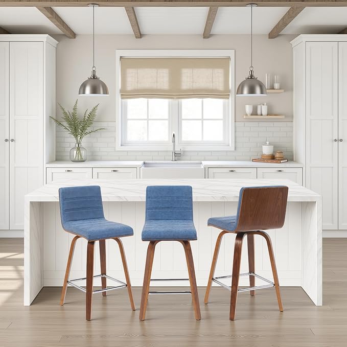Vienna Modern Counter Height Swivel Bar Stool with Vintage Blue Upholstered Seat and Walnut Finished Wood Frame Set of 3