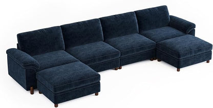 SITJOY Large Cloud Couch, 149" Wide 4 Seater U Shape, Chenille in Navy Blue | Detachable and Washable Chenille Cover Sectional Sofas for Living Room, Deep Seat Wide Couch with Chaise, Storage Ottoman