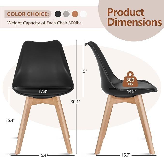 VECELO Dining Chairs Set of 4, Mid-Century Modern Kitchen & Dining Room Chairs, PU Leather Upholstered Seat, Solid Wood Legs, Armless, Non-Slip Feet, Black