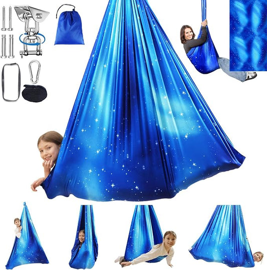 Sensory Swing for Kids Indoor & Outdoor Double Layer Therapy Cuddle Hammock Chair with 360 Swivel Hanger Kit Adjustable Swing for Child and Adult with Aspergers Autism ADHD (Star Blue)