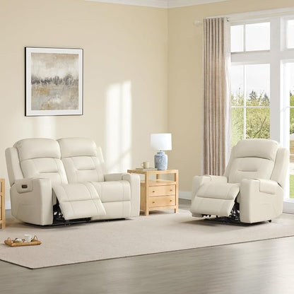 Watson & Whitely Genuine Leather Power Loveseat Recliner Sofa, Lay Flat Loveseat Reclining Sofa with Power Headrest, Cup Holders, USB & Type-C Ports, Dual Recliners for Living Room, Cream