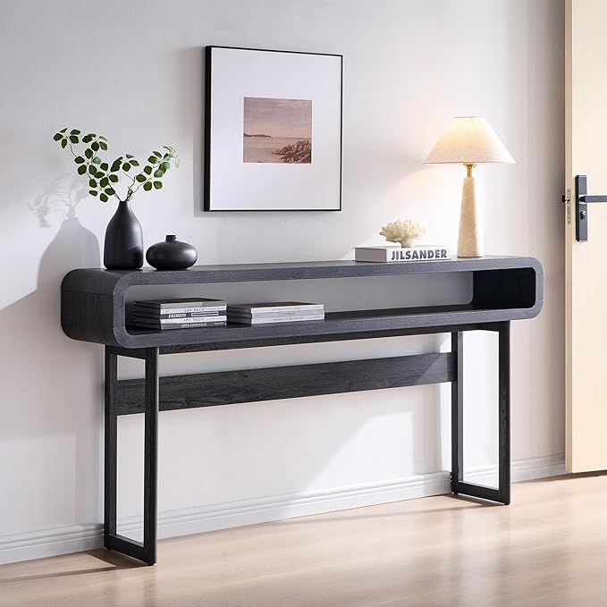 IFGET 63-Inch Long Console Table, 31.5" Tall Modern Entryway Table with Open Storage Shelf, Curved Profile Design, Narrow Wood Sofa Table Behind Couch Table for Living Room, Hallway, Foyer, Dark Grey