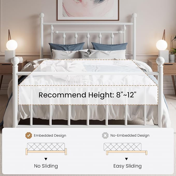 SHA CERLIN 14" Full Size Metal Platform Bed Frame/Victorian Headboard and Footboard/Steel Slats Mattress Foundation for Storage/No Box Spring Needed/Noise Free/White