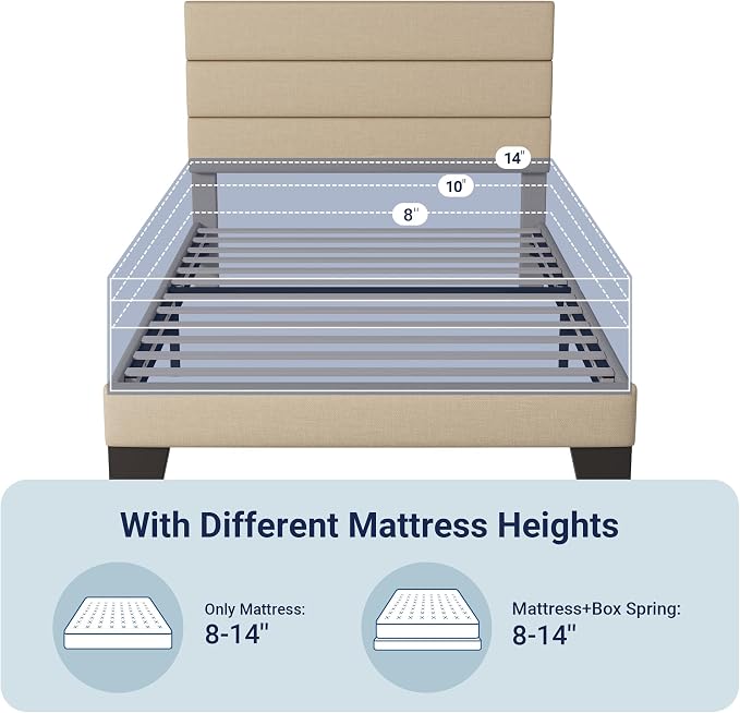 Allewie Twin Size Platform Bed Frame with Fabric Upholstered Headboard and Wooden Slats Support, Fully Upholstered Mattress Foundation/No Box Spring Needed/Easy Assembly, Beige