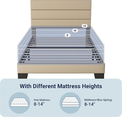 Allewie Twin Size Platform Bed Frame with Fabric Upholstered Headboard and Wooden Slats Support, Fully Upholstered Mattress Foundation/No Box Spring Needed/Easy Assembly, Beige