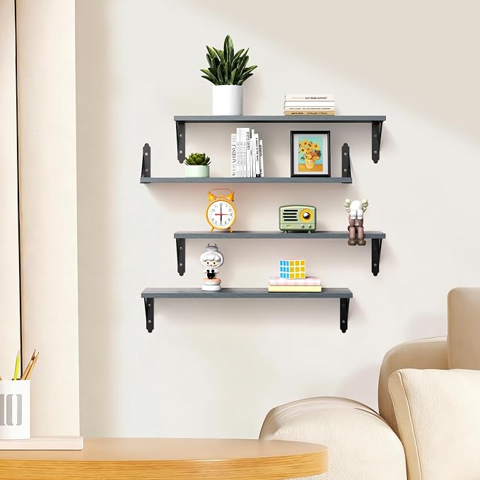 ROMGUAR CRAFT Wood Floating Shelves Set of 4, Rustic Storage Decor Wall Shelves, Wall Mounted Shelf for Living Room, Bedroom 23.6" x 6", Grey