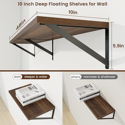 Axeman 48 Inch Floating Shelves | 10 Inch Deep Walnut Wall Shelves Set of 2 | 48" W x 10" D Walnut Floating Shelves for Living Room Bathroom Kitchen