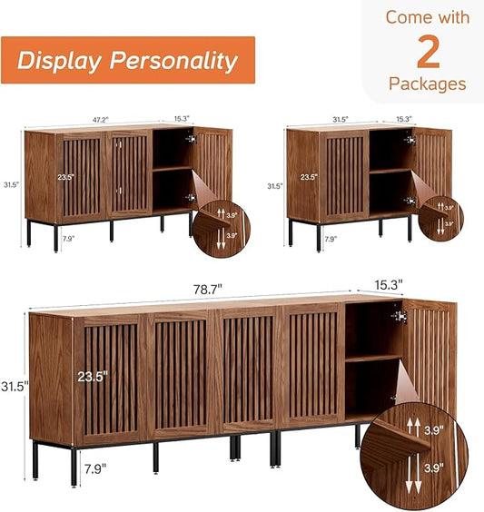 BVIUNTWO 79" Farmhouse Buffet Cabinet with Metal Base, Adjustable Shelves & 5 Doors, Brown Storage Sideboard for Kitchen, Living Room