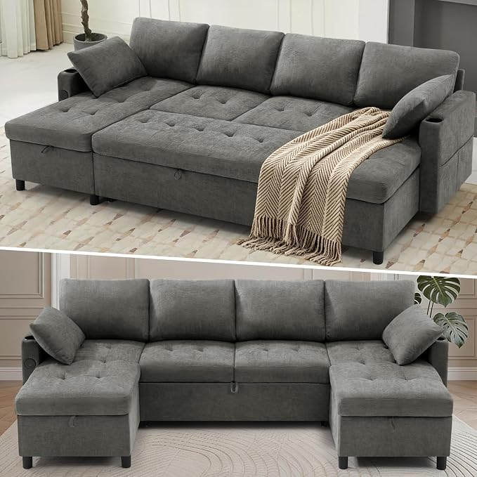 110" U-Shape Reversible Sectional Sofa Bed w/USB Port, Light Grey | Upholstered Sleeper Couch w/Adjustable Backrest and Storage Chaises, Chenille Modern Sofa w/Pull-Out Bed for Living Room