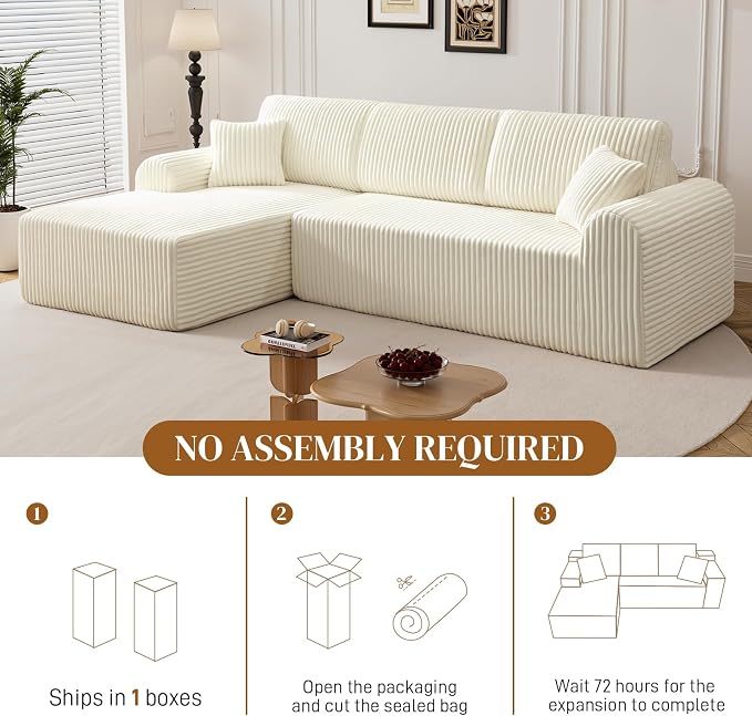 110" L Shaped Boneless Sectional Couches for Living Room, Comfy Corduroy Floor Cloud Sofa with Chaise, Wide Armrest, Deep Seat, Memory Foam, Assembly Free, Ideal for Small Spaces, Beige