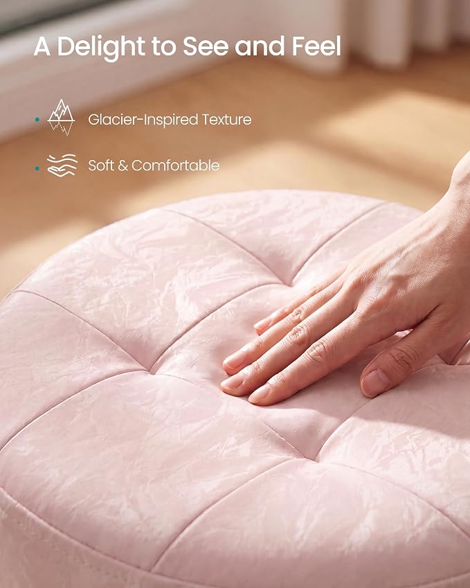 SONGMICS Mazie Collection - Round Storage Ottoman, Folding Footrest Stool with Removable Lid, Easy Assembly, PU Leather Vanity Stool for Bedroom, Living Room, Entryway, Jelly Pink ULSF609SA01