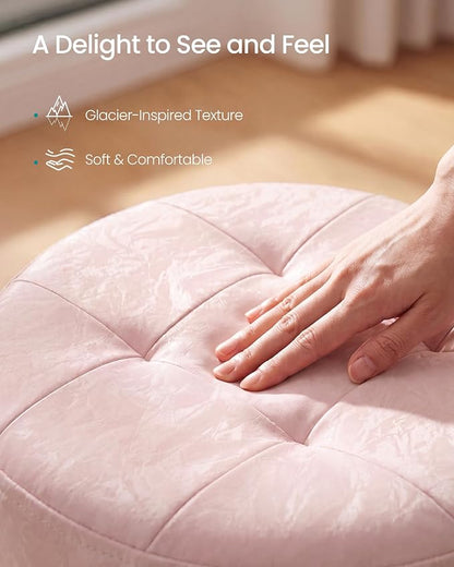 SONGMICS Mazie Collection - Round Storage Ottoman, Folding Footrest Stool with Removable Lid, Easy Assembly, PU Leather Vanity Stool for Bedroom, Living Room, Entryway, Jelly Pink ULSF609SA01