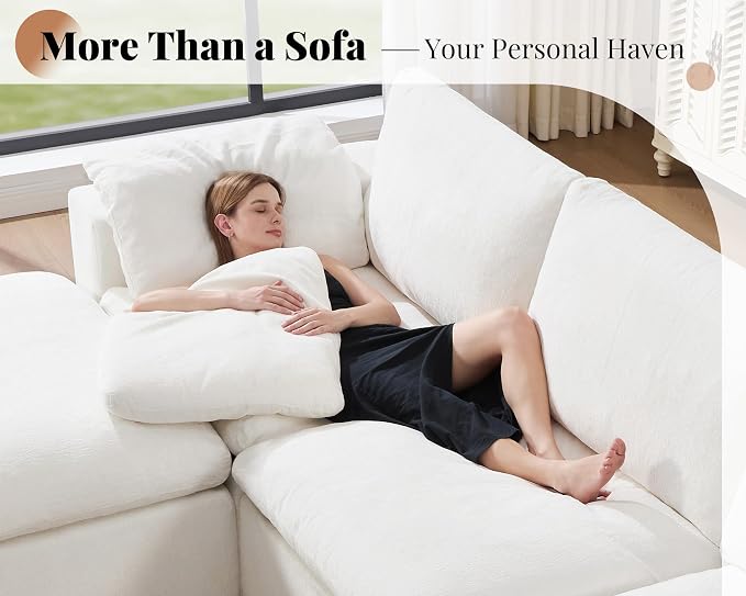 Jocisland 153" Cloud Couch Sectional, No-Assembly Modular Sectional Sofa with 76.4 inch Deep Chaise, Oversize Cloud Couch for Living Room, White Chenille