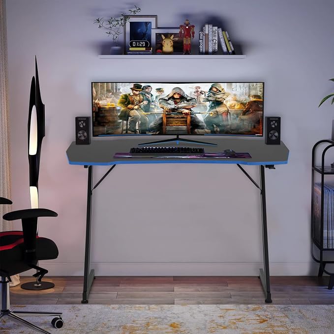 BestOffice Gmaing Desk Z Shaped 47 inch Gaming Workstation Ergonomic Gaming Table PC Computer Desk with Headphone Hook for Game Players, Blue