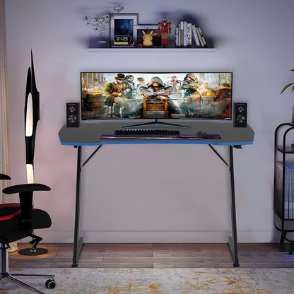 BestOffice Gmaing Desk Z Shaped 47 inch Gaming Workstation Ergonomic Gaming Table PC Computer Desk with Headphone Hook for Game Players, Blue