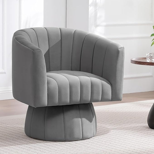 Swivel Accent Barrel Chair, Cute Comfy Small Round 360° Arm Chair. Velvet Sofa Club Reading Chair for Living Room Bedroom Office Grey