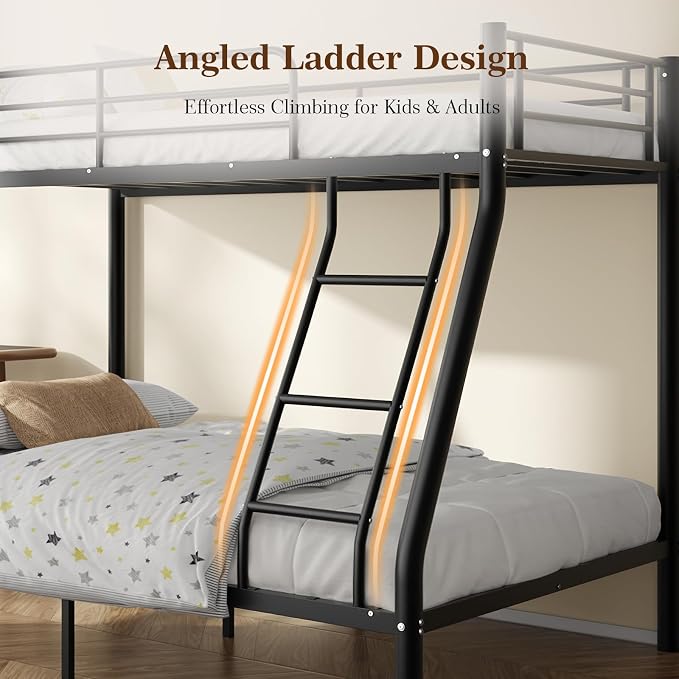 Metal Twin Over Full Bunk Bed丨 Bunk Beds Twin Over Full Size with Ladder | Heavy Duty Bunk Bed for Adults, Metal Bunk Bed for Dorm, Bedroom, Apartment, 440 lbs Capacity,No Box Spring Needed (Black）