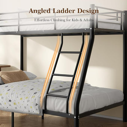 Metal Twin Over Full Bunk Bed丨 Bunk Beds Twin Over Full Size with Ladder | Heavy Duty Bunk Bed for Adults, Metal Bunk Bed for Dorm, Bedroom, Apartment, 440 lbs Capacity,No Box Spring Needed (Black）