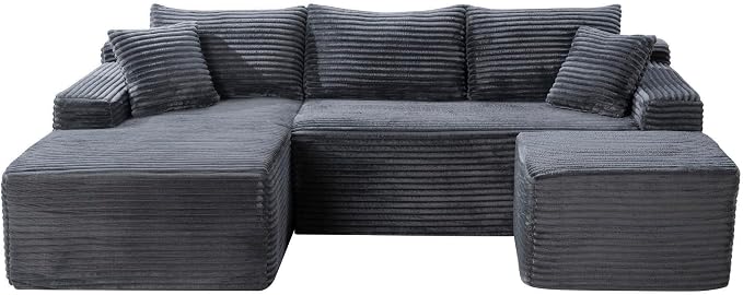 95-Inch U-Shaped Left Facing Corner Compressed Sofa Modular Sectional Boneless Cloud Sofa Floor Foam Couch W/Chaise Lounge & Ottoman, Corduroy Corner Boneless Cloud Couch