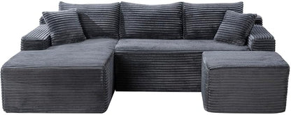 95-Inch U-Shaped Left Facing Corner Compressed Sofa Modular Sectional Boneless Cloud Sofa Floor Foam Couch W/Chaise Lounge & Ottoman, Corduroy Corner Boneless Cloud Couch