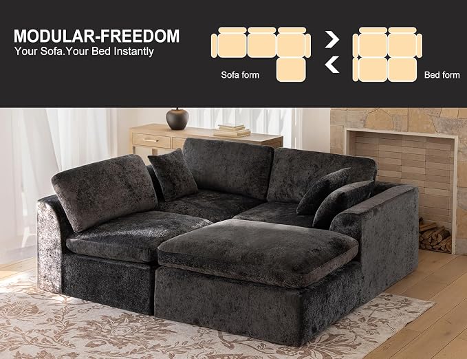 115" Modular Sectional Sofa – Modern Cloud Couch with Deep Chenille Seats, L-Shaped Boneless Sofa, Pet-Friendly, No Assembly, Gray (3 Seater + 1 Ottoman)