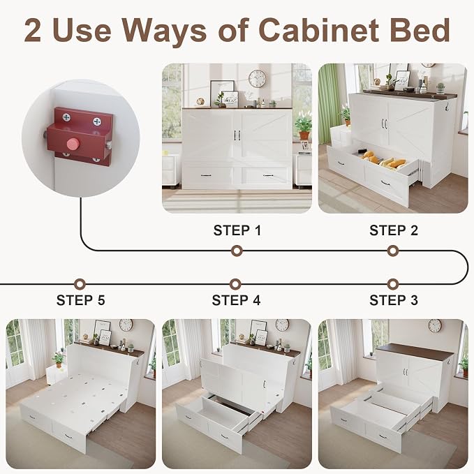 KCGKCG Full Size Murphy Bed with Storage & Charging Station, Murphy Cabinet Bed with Drawer for Guest Bedroom, Living Room, Office or Small Room, Full Foldable Platform Bed (White, Full)