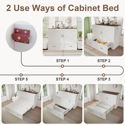 KCGKCG Full Size Murphy Bed with Storage & Charging Station, Murphy Cabinet Bed with Drawer for Guest Bedroom, Living Room, Office or Small Room, Full Foldable Platform Bed (White, Full)