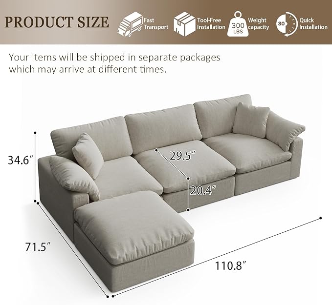Modular Sectional Sofa Cloud Couch,Down Filled Comfy Cloud Modern Sofa,Light Beige Linen L Shape Oversized Couch Cushion Covers Removable Furniture for Living Room