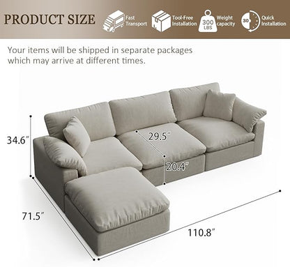 Modular Sectional Sofa Cloud Couch,Down Filled Comfy Cloud Modern Sofa,Light Beige Linen L Shape Oversized Couch Cushion Covers Removable Furniture for Living Room