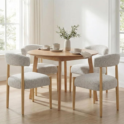 VKNOW Wooden Dining Chairs Set of 4, Modern Upholstered Dining Room Chairs with Rubberwood Legs and Curved Backrest, Fabric Kitchen Chairs for Farmhouse/Living Room/Dining Room, Heathered Off-White