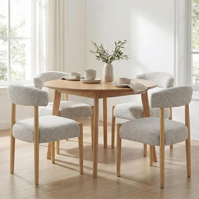 VKNOW Wooden Dining Chairs Set of 6, Modern Upholstered Dining Room Chairs with Rubberwood Legs and Curved Backrest, Fabric Kitchen Chairs for Living Room/Dining Room, Heathered Off-White