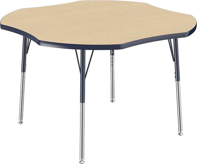 FDP Clover Activity School and Office Table (48 x 48 inch), Standard Legs with Swivel Glides for Collaborative Seating Environments, Adjustable Height 19-30 inches - Maple Top and Navy Edge